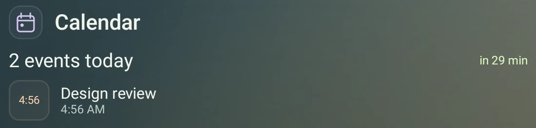 Real calendar widget showing sample upcoming events.