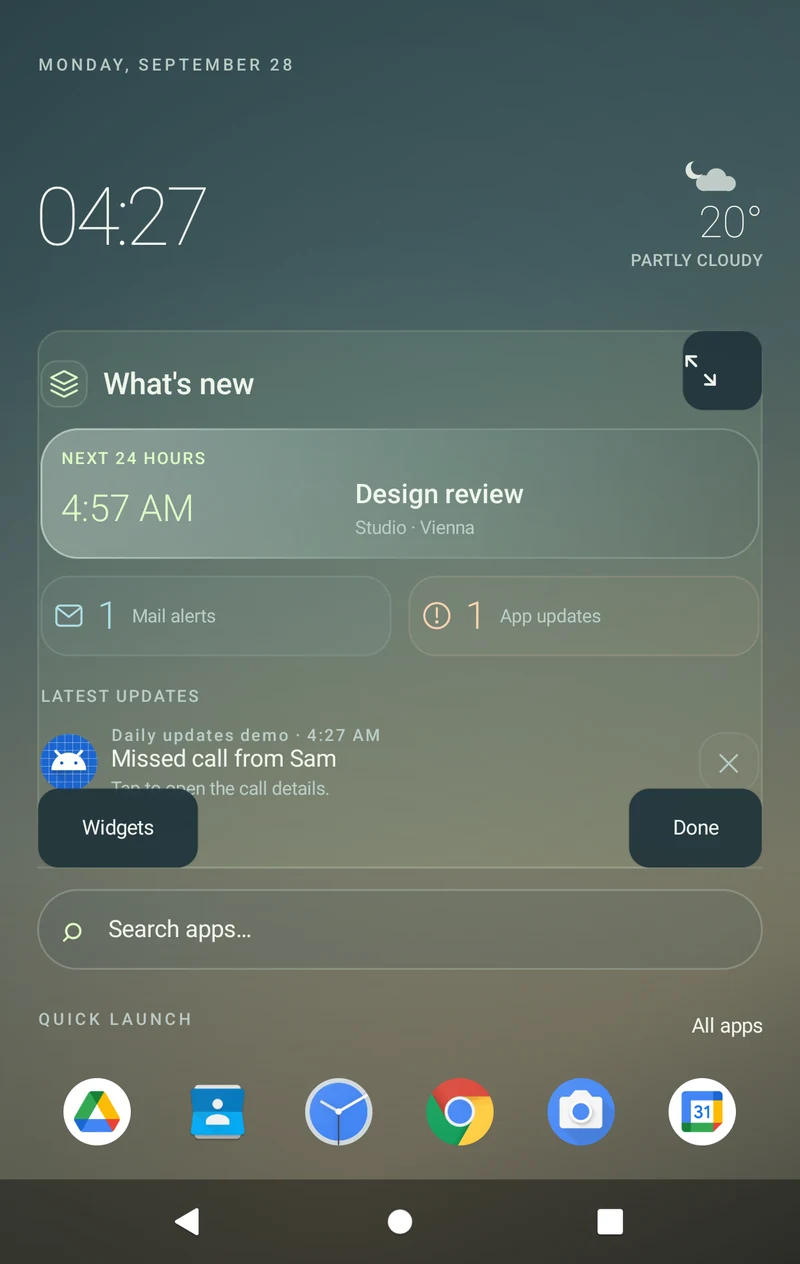Actual main-widget resize mode, with the drag handle at the top and Widgets and Done controls at the bottom.