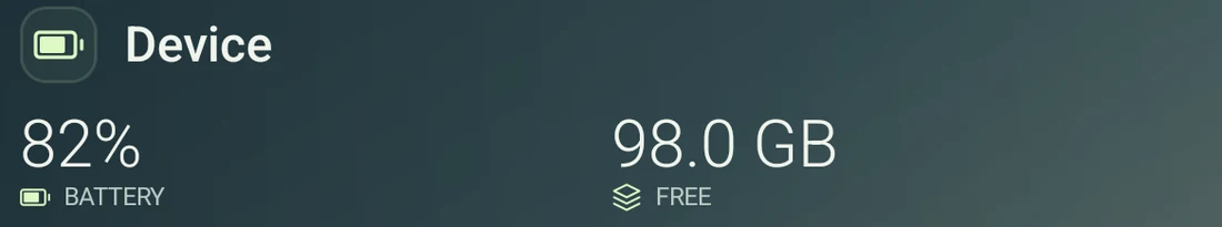 Real device widget with battery and available storage.