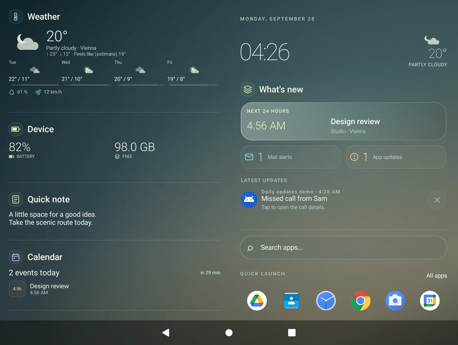 Actual Folded Glass Public 1.0 preview with weather, device information, notes and calendar on the left, and the clock, What’s new, search and apps on the right.