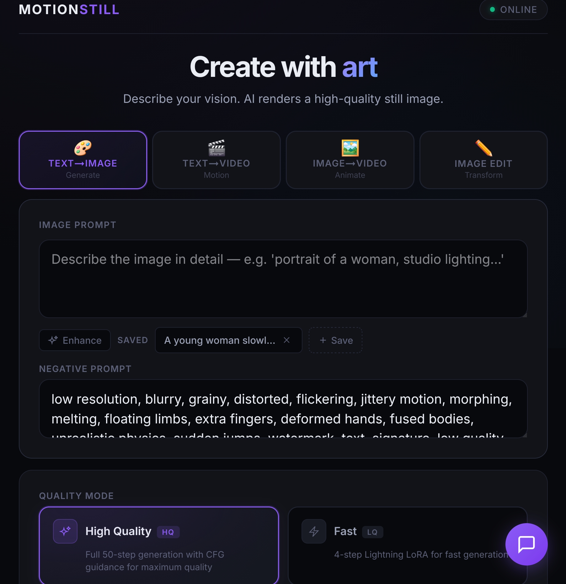 Motionstill studio interface — mode cards for Text to Image, Text to Video, Image to Video and Image Edit above prompt fields and quality settings