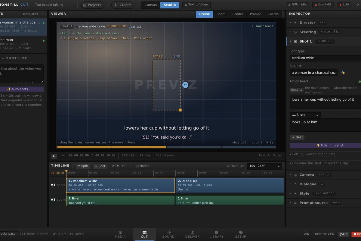 MotionStill Cut — previz viewer, shot inspector and timeline with dialogue lane