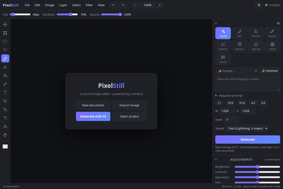 PixelStill — Photoshop-style layer editor with AI generation panel