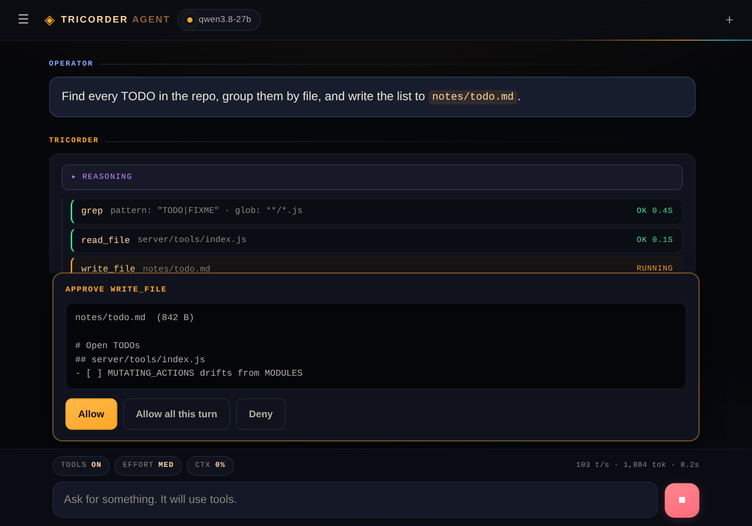 TricorderAgent mid-task: three tool calls with arguments and timings — grep and read_file done, write_file running — and an approval card asking permission before the file is written